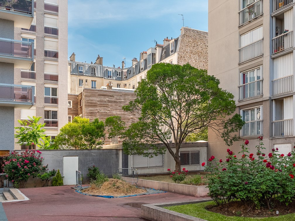 Vue extérieure sur la rue Bardinet avec arbuste et immeubles, Paris 14
