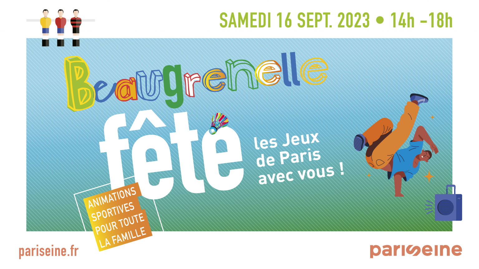 Affiche de Beaugrenelle en fête 2023 montrant un danseur de Break dance avec la mention Les Jeux de Paris avec vous !