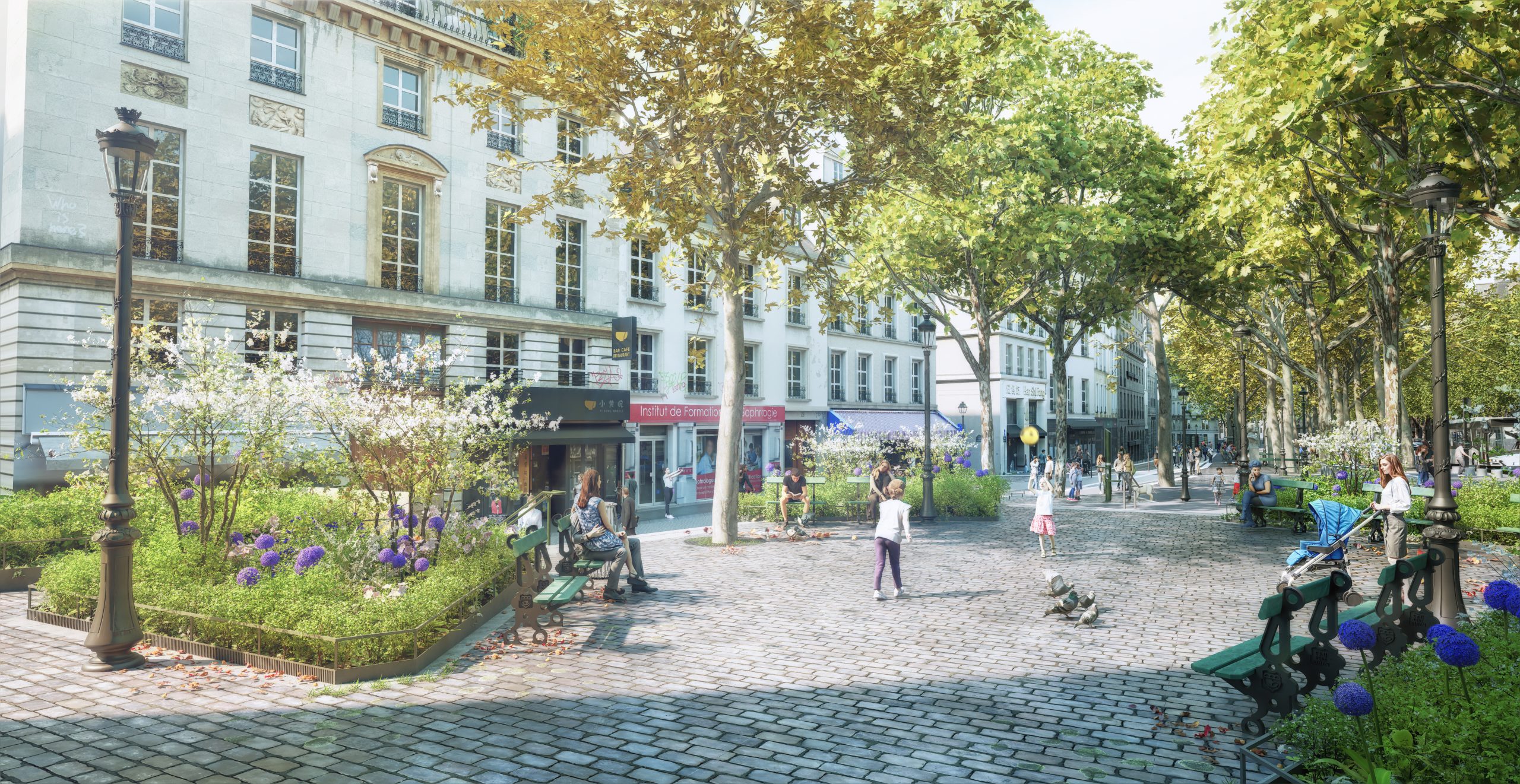 Perspective de la promenade Cleews-Vellay à Paris 10e végétalisée avec des revêtements en pavé et du mobiliers urbains parisiens.