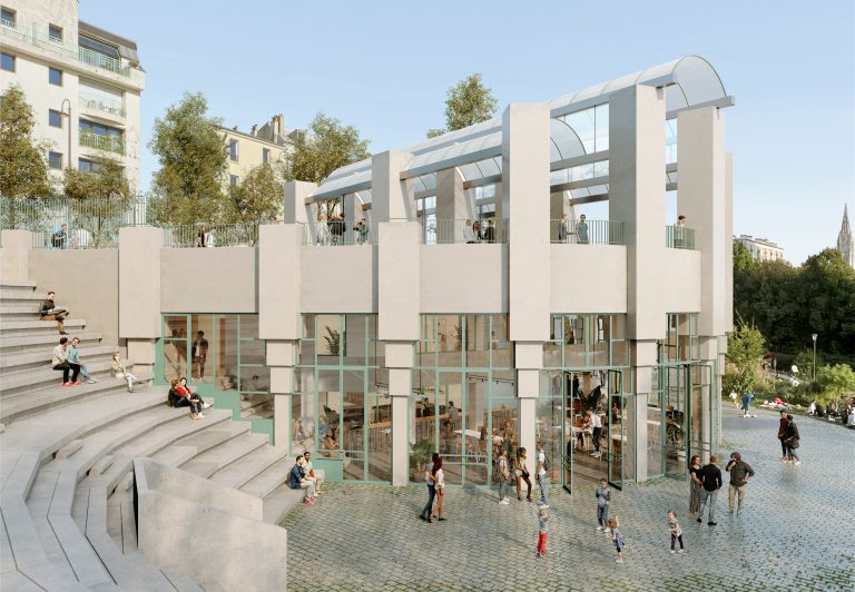 Perspective de la maison de l'air vue du gradin dans le parc de Belleville