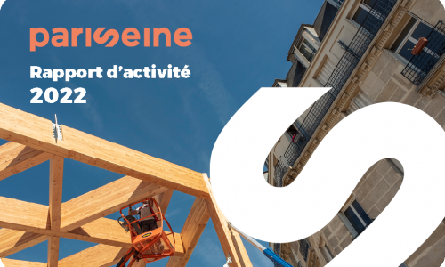 page de présentation du rapport d'activité avec un bâtiment en bois et le logo PariSeine